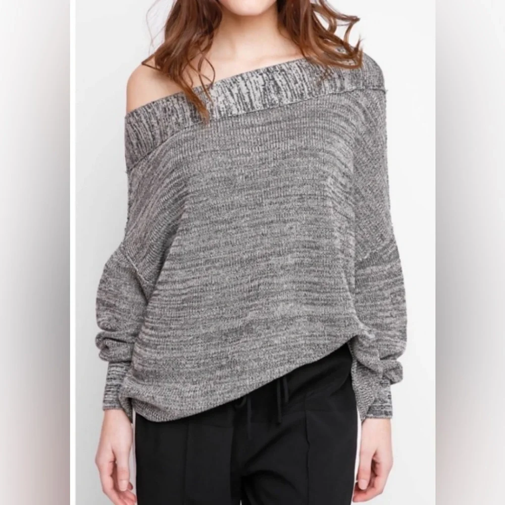 Free People Sweater Linen Blend Gray Flashdance One Shoulder Oversized Boho Sz L